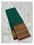 Handwoven Kanchipuram Silk Saree - Emerald Green with Magenta Elephant Zari Border front view