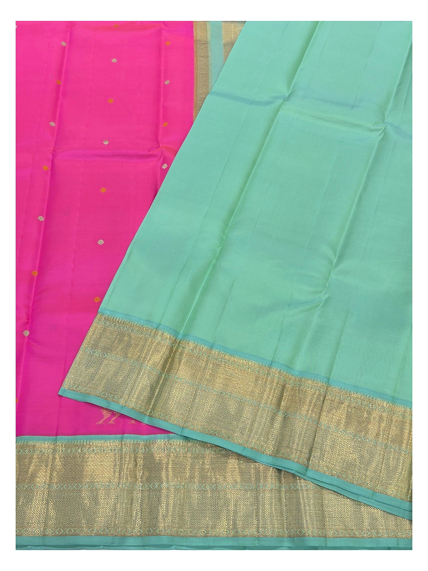 Spread view showing the aqua pallu, gold zari border and pink body of the handwoven Kanchipuram silk saree.