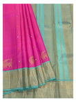 Detailed drape view of the pink Kanchipuram silk saree with aqua zari pallu and woven elephant motifs.