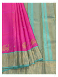Detailed drape view of the pink Kanchipuram silk saree with aqua zari pallu and woven elephant motifs.
