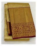 Handwoven Kanchipuram Silk Saree in Antique Gold with Maroon Elephant Border front view