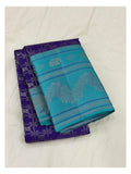 Handwoven Kanchipuram Silk Saree in Aqua Blue and Royal Purple front view