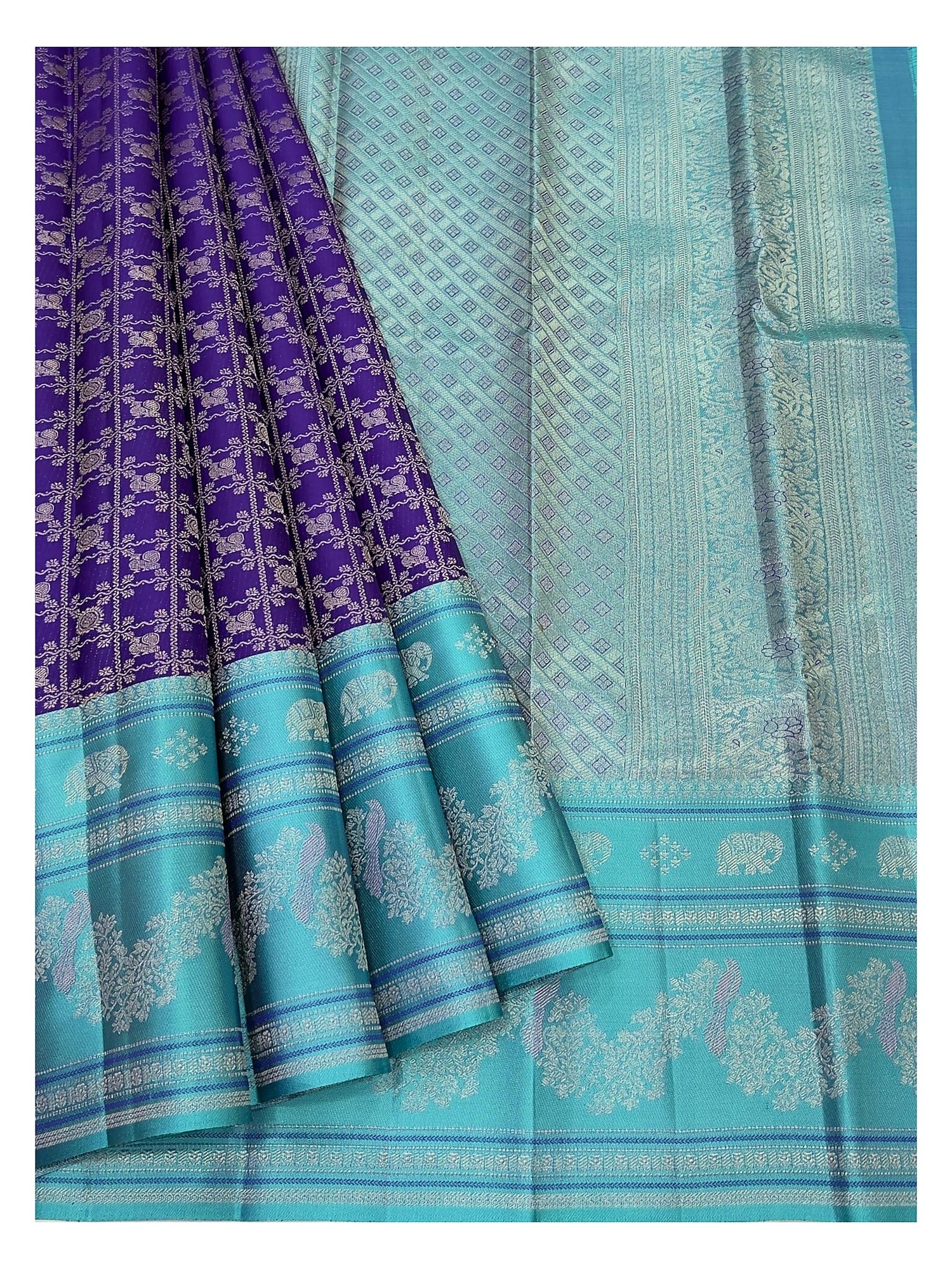 Handwoven Kanchipuram Silk Saree in Aqua Blue and Royal Purple