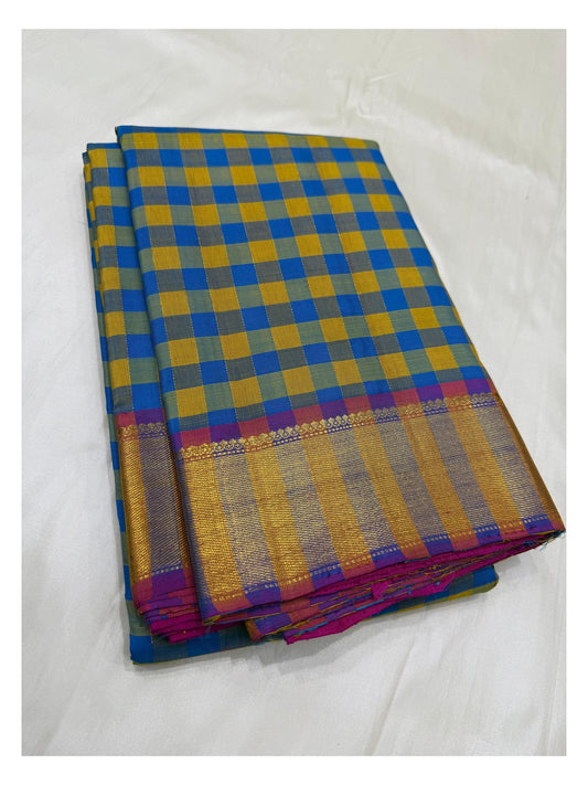 Handwoven Kanchipuram Silk Saree in Blue and Mustard Checks with Magenta Pallu front view