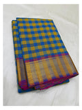 Handwoven Kanchipuram Silk Saree in Blue and Mustard Checks with Magenta Pallu front view