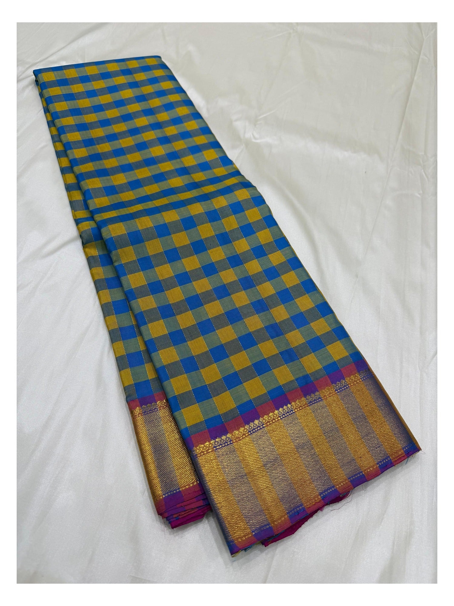 Handwoven Kanchipuram Silk Saree in Blue and Mustard Checks with Magenta Pallu