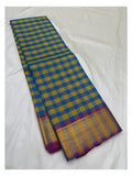 Handwoven Kanchipuram Silk Saree in Blue and Mustard Checks with Magenta Pallu