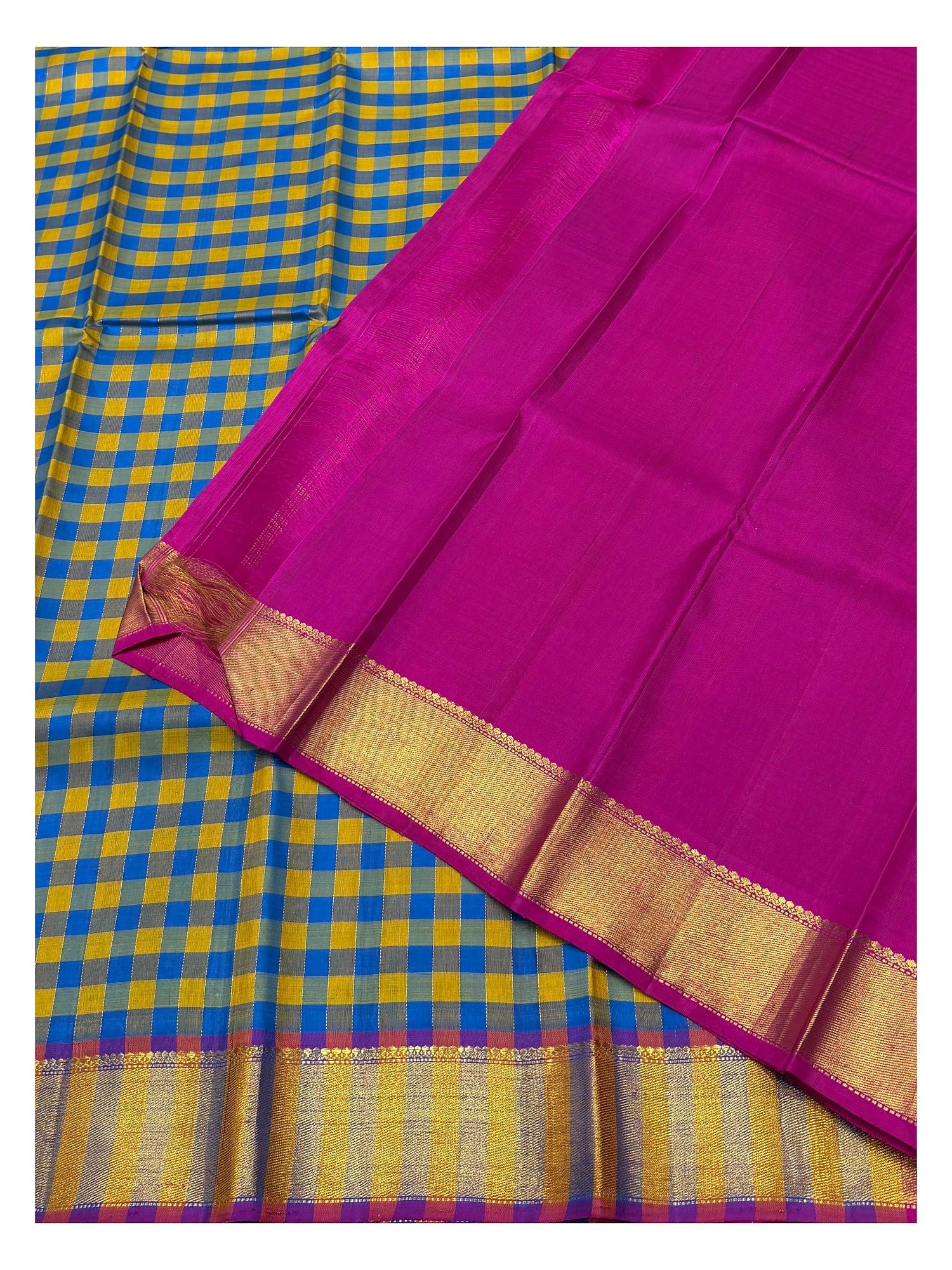 Handwoven Kanchipuram Silk Saree in Blue and Mustard Checks with Magenta Pallu