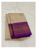 Handwoven Kanchipuram Silk Saree in Cream with Purple Border front view