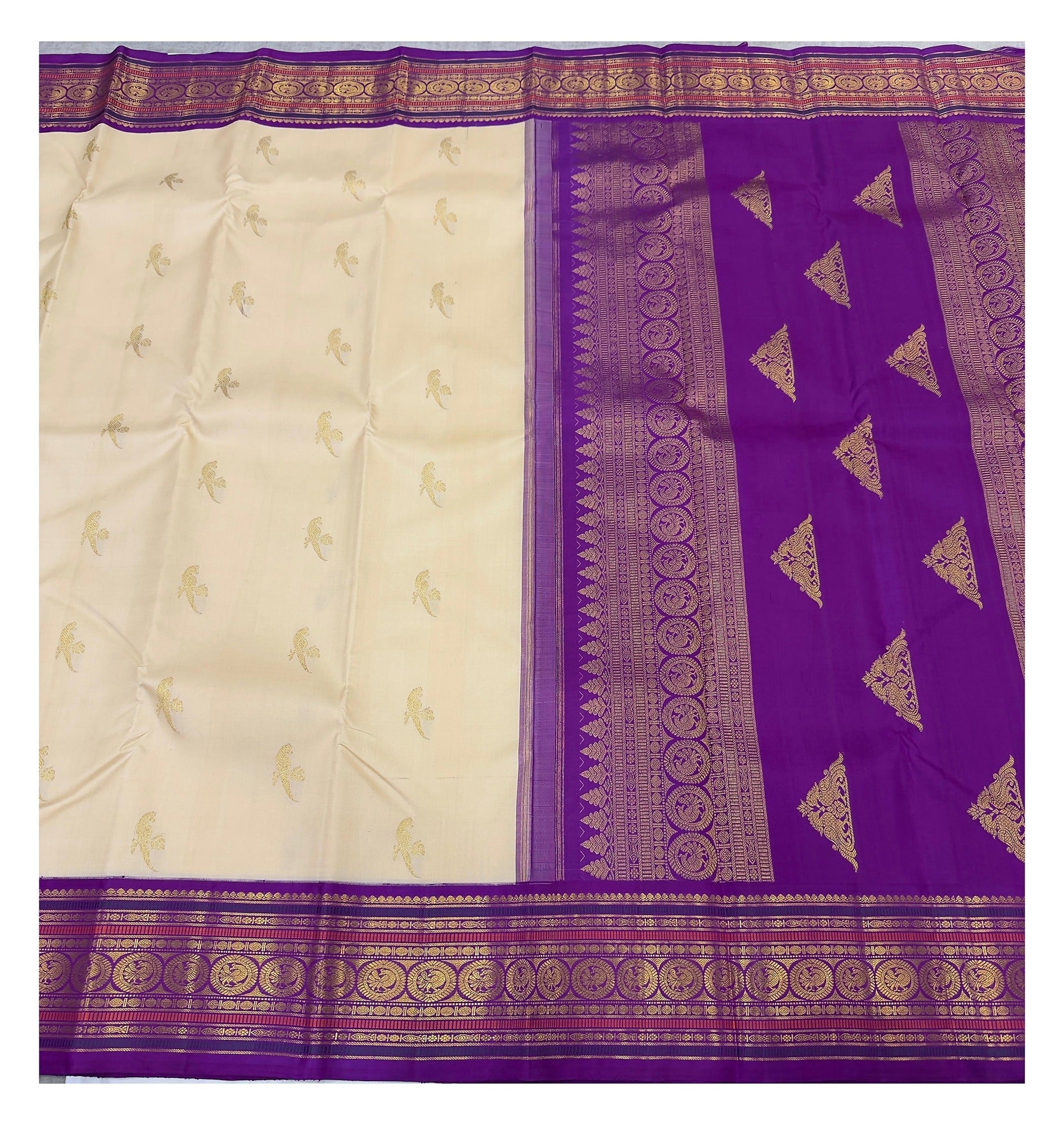 Handwoven Kanchipuram Silk Saree in Cream with Purple Border