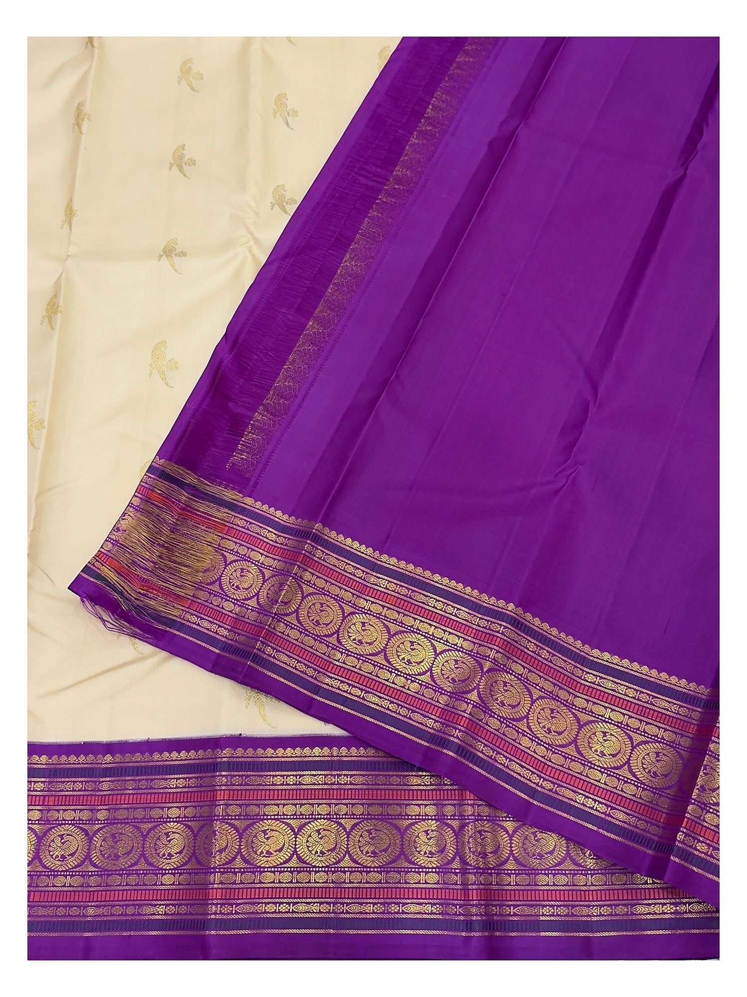 Handwoven Kanchipuram Silk Saree in Cream with Purple Border