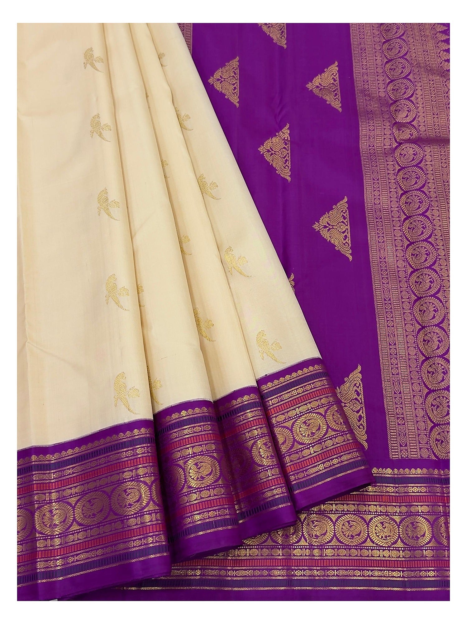Handwoven Kanchipuram Silk Saree in Cream with Purple Border
