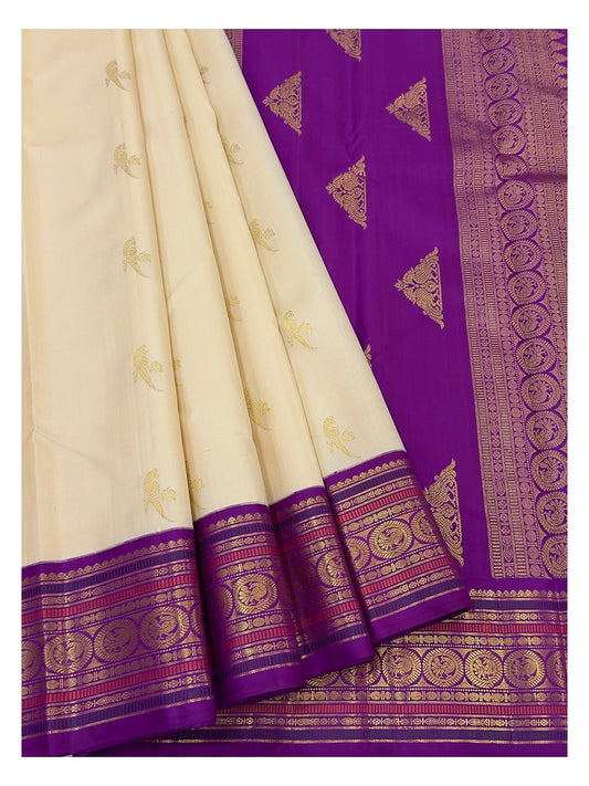 Handwoven Kanchipuram Silk Saree in Cream with Purple Border
