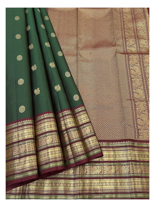 Handwoven Kanchipuram Silk Saree in Deep Green with Maroon Border
