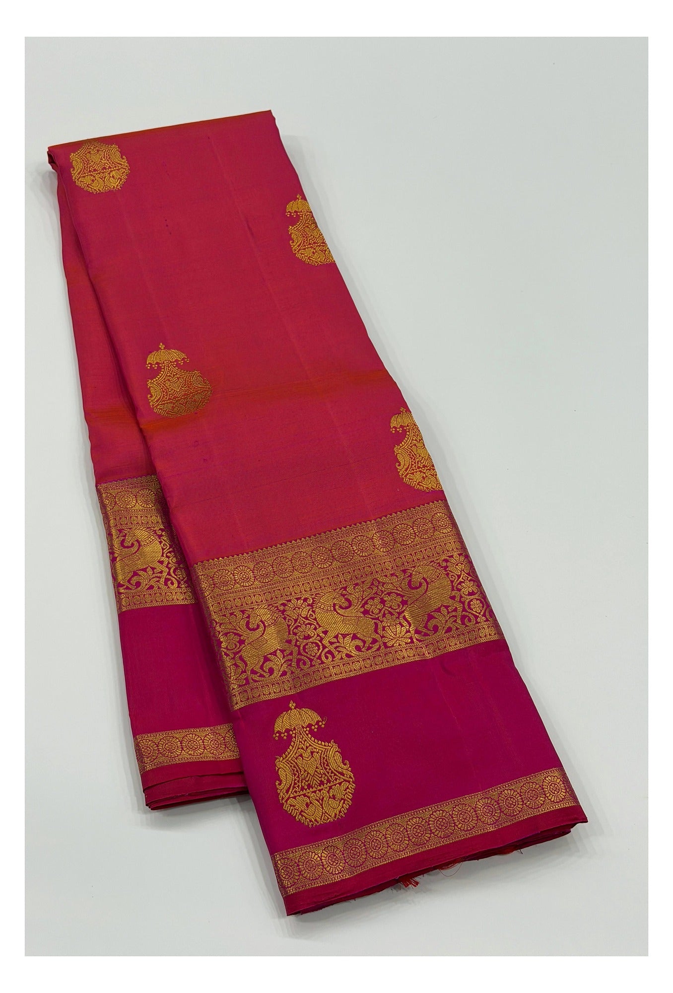 Handwoven Kanchipuram Silk Saree in Deep Pink with Elephant Border and Rich Woven Pallu