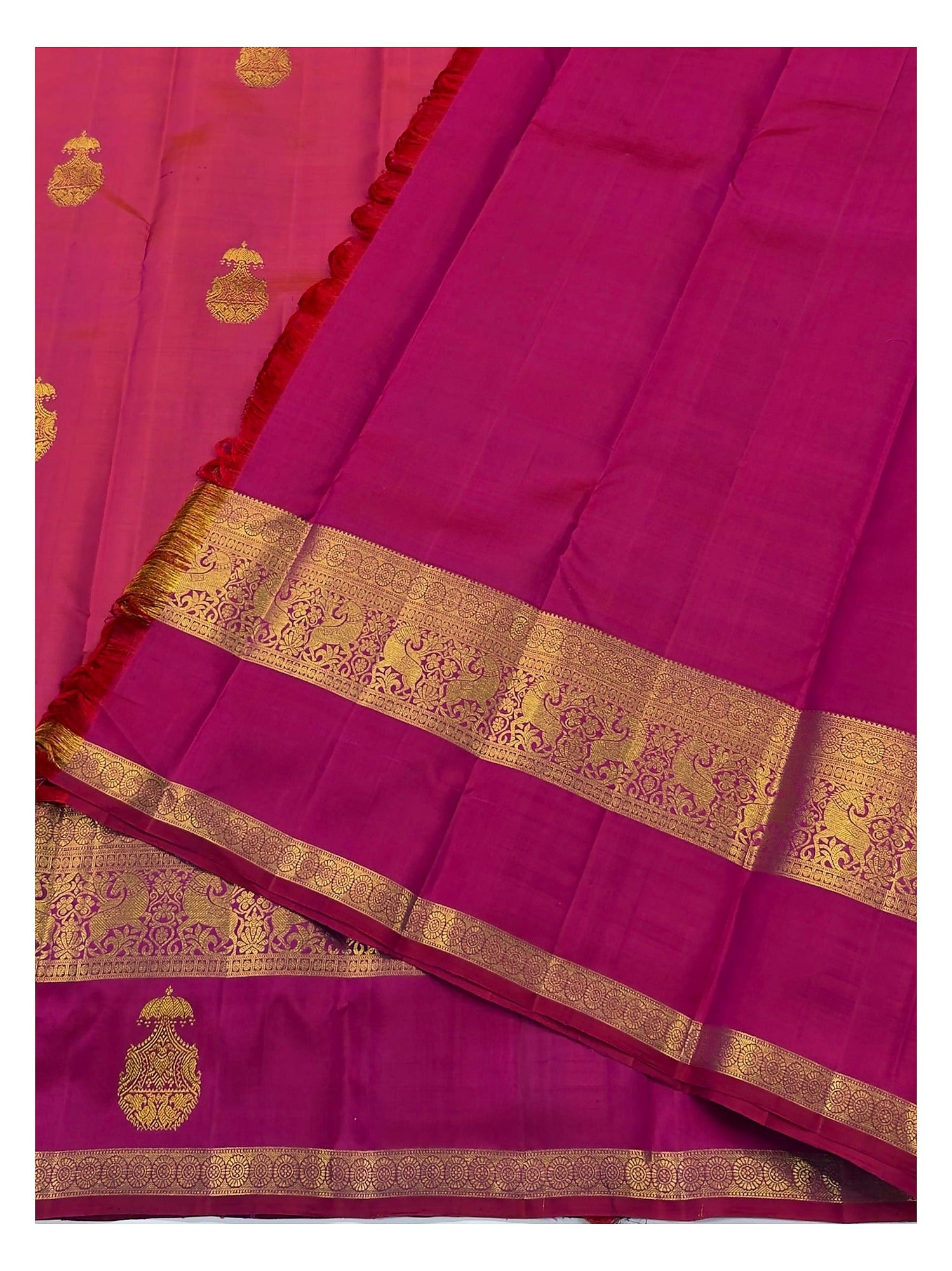 Handwoven Kanchipuram Silk Saree in Deep Pink with Elephant Border and Rich Woven Pallu