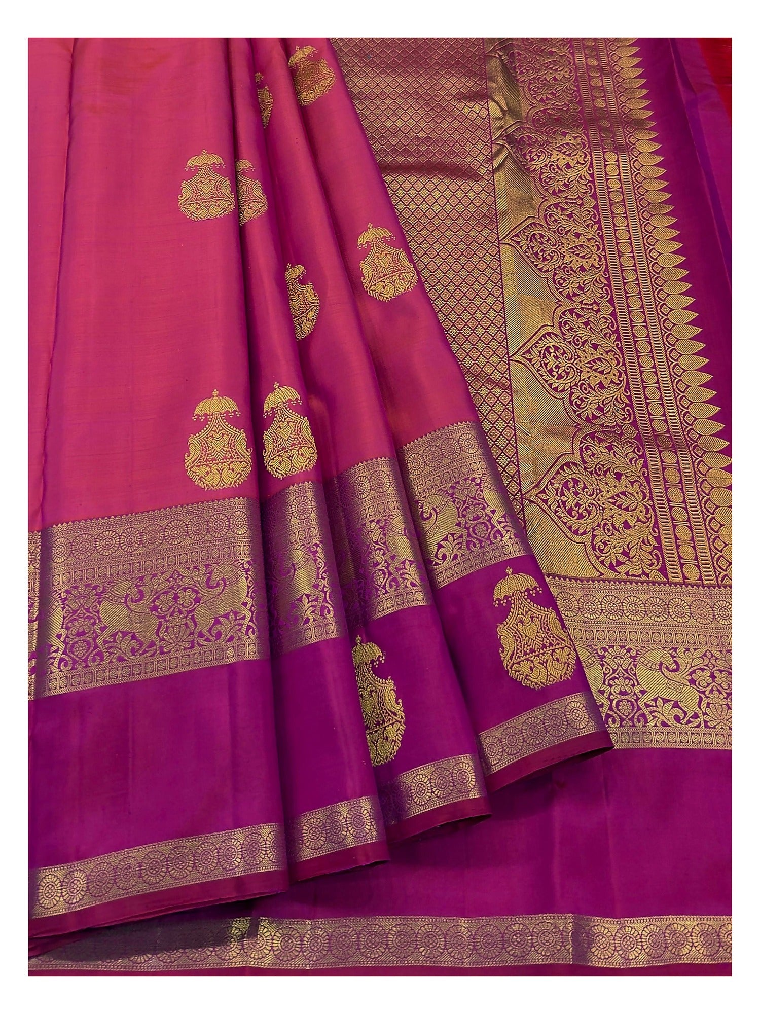 Handwoven Kanchipuram Silk Saree in Deep Pink with Elephant Border and Rich Woven Pallu