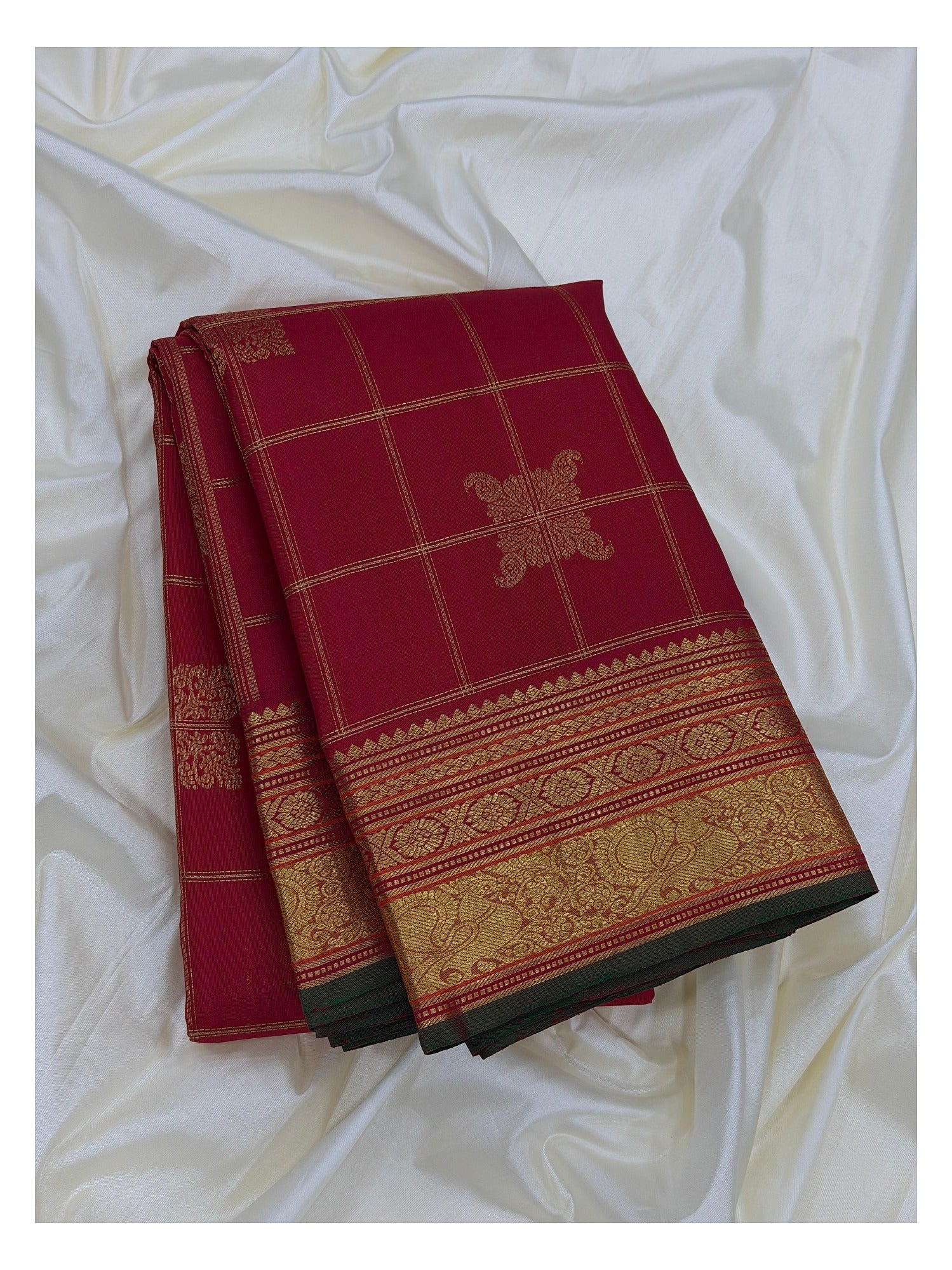 Handwoven Kanchipuram Silk Saree in Deep Pink with Gold Zari Checks front view