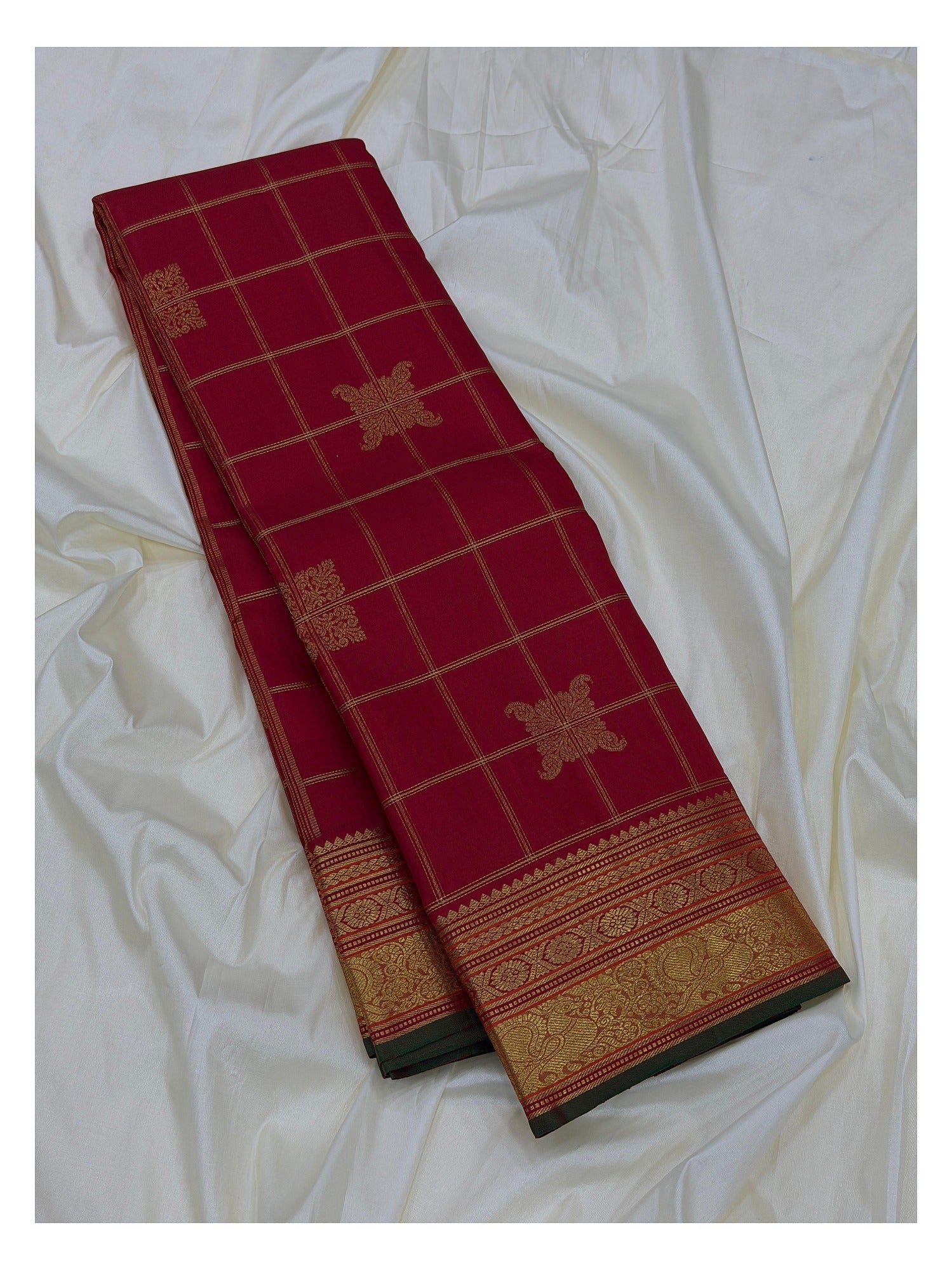 Handwoven Kanchipuram Silk Saree in Deep Pink with Gold Zari Checks