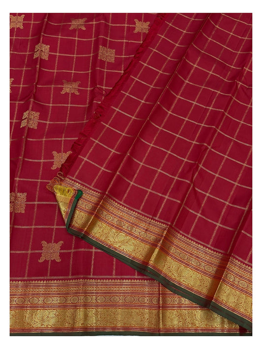 Handwoven Kanchipuram Silk Saree in Deep Pink with Gold Zari Checks