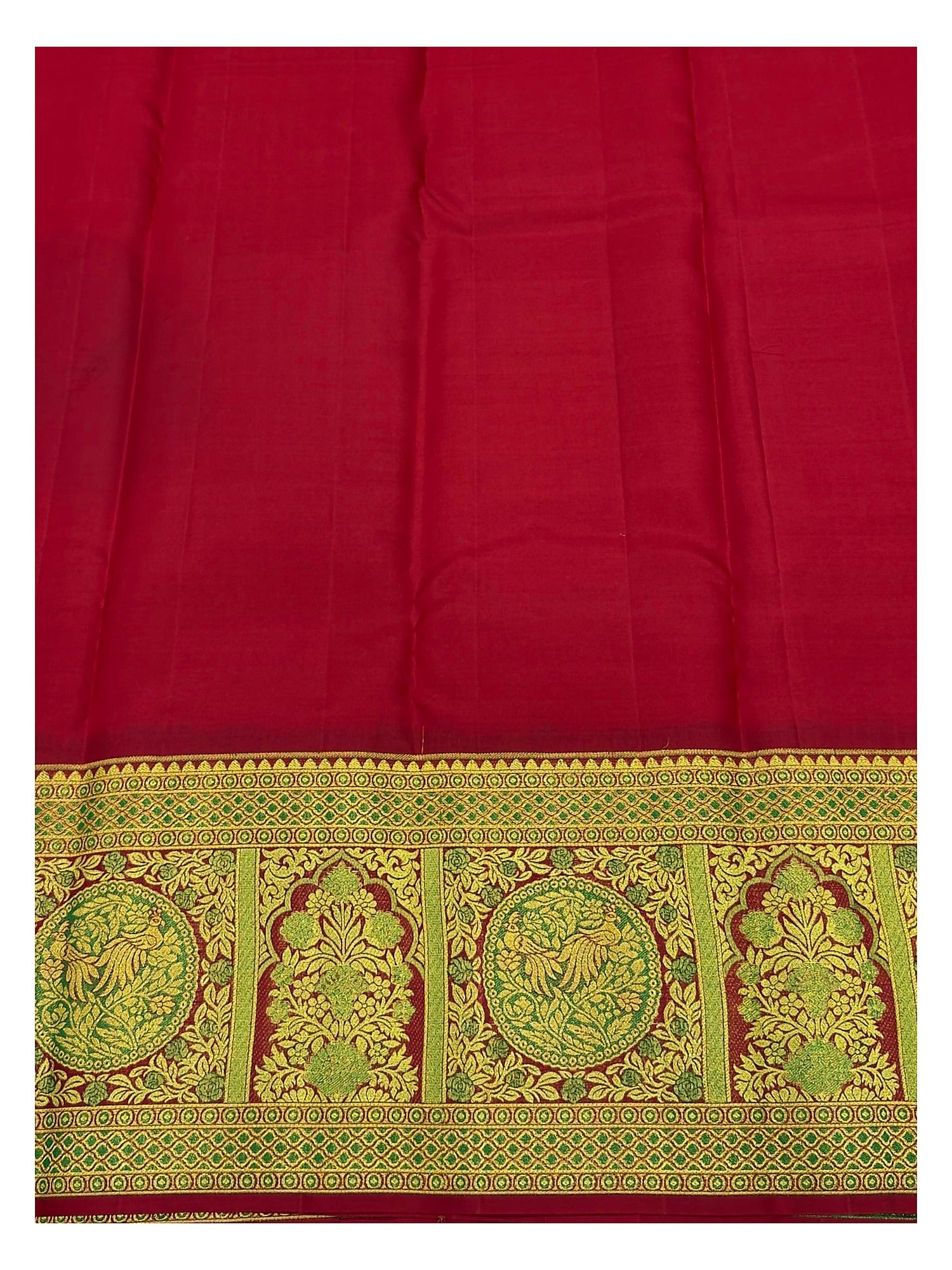 Handwoven Kanchipuram Silk Saree in Deep Pink with Green Peacock Border and Gold-Toned Pallu front view