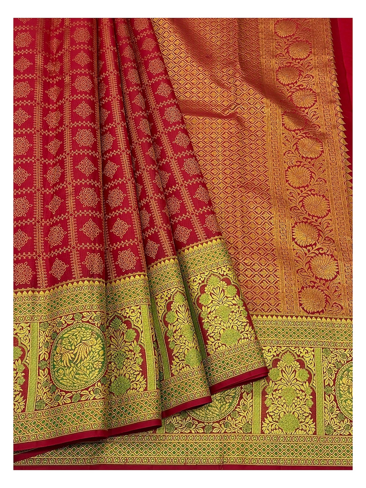 Handwoven Kanchipuram Silk Saree in Deep Pink with Green Peacock Border and Gold-Toned Pallu