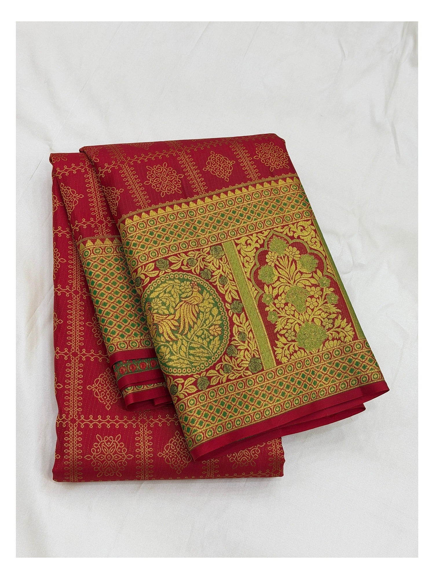 Handwoven Kanchipuram Silk Saree in Deep Pink with Green Peacock Border front view
