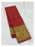 Handwoven Kanchipuram Silk Saree in Deep Pink with Green Peacock Border