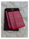 Handwoven Kanchipuram Silk Saree in Deep Plum with Magenta Zari Peacock Border front view