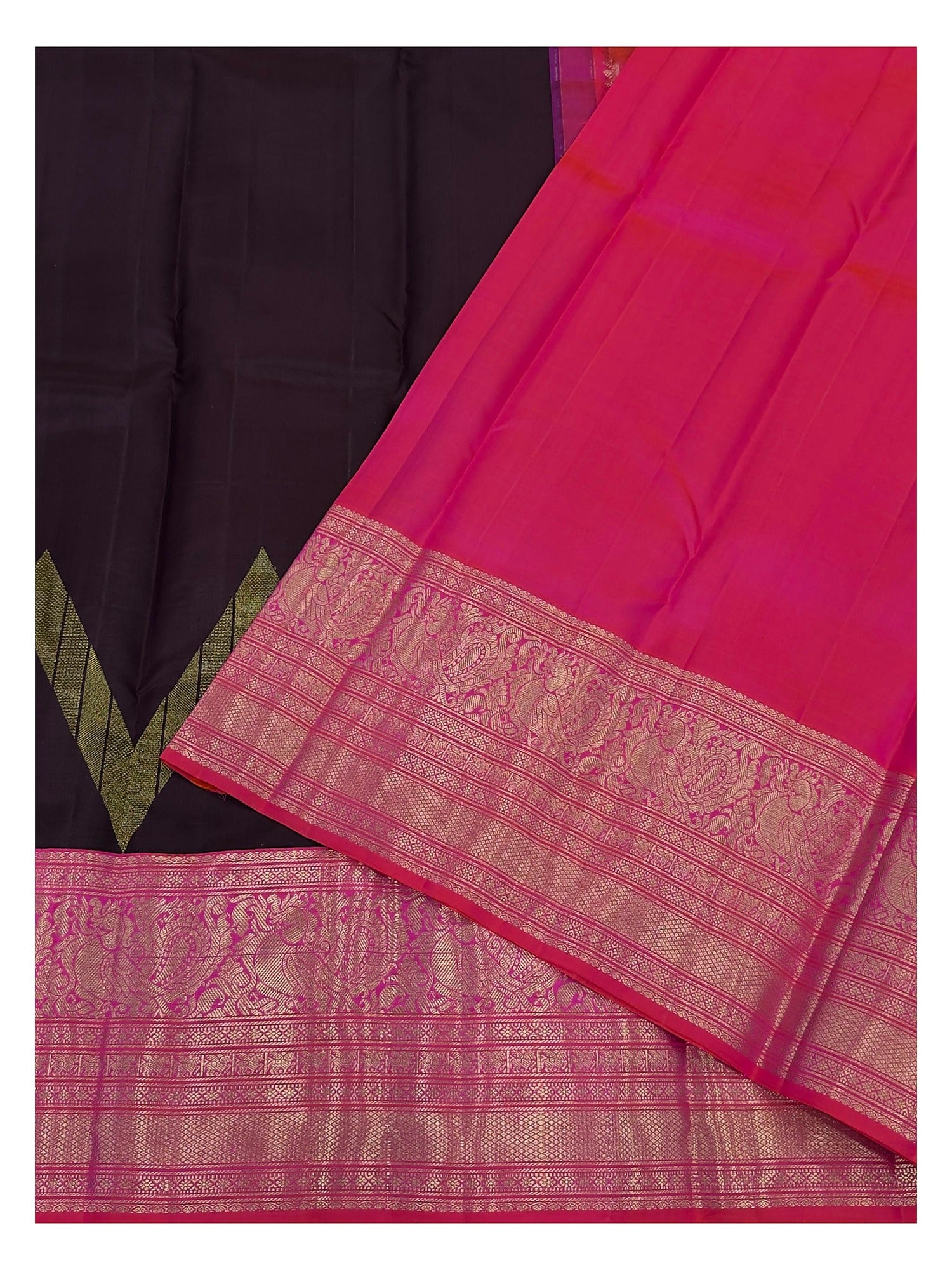 Handwoven Kanchipuram Silk Saree in Deep Plum with Magenta Zari Peacock Border