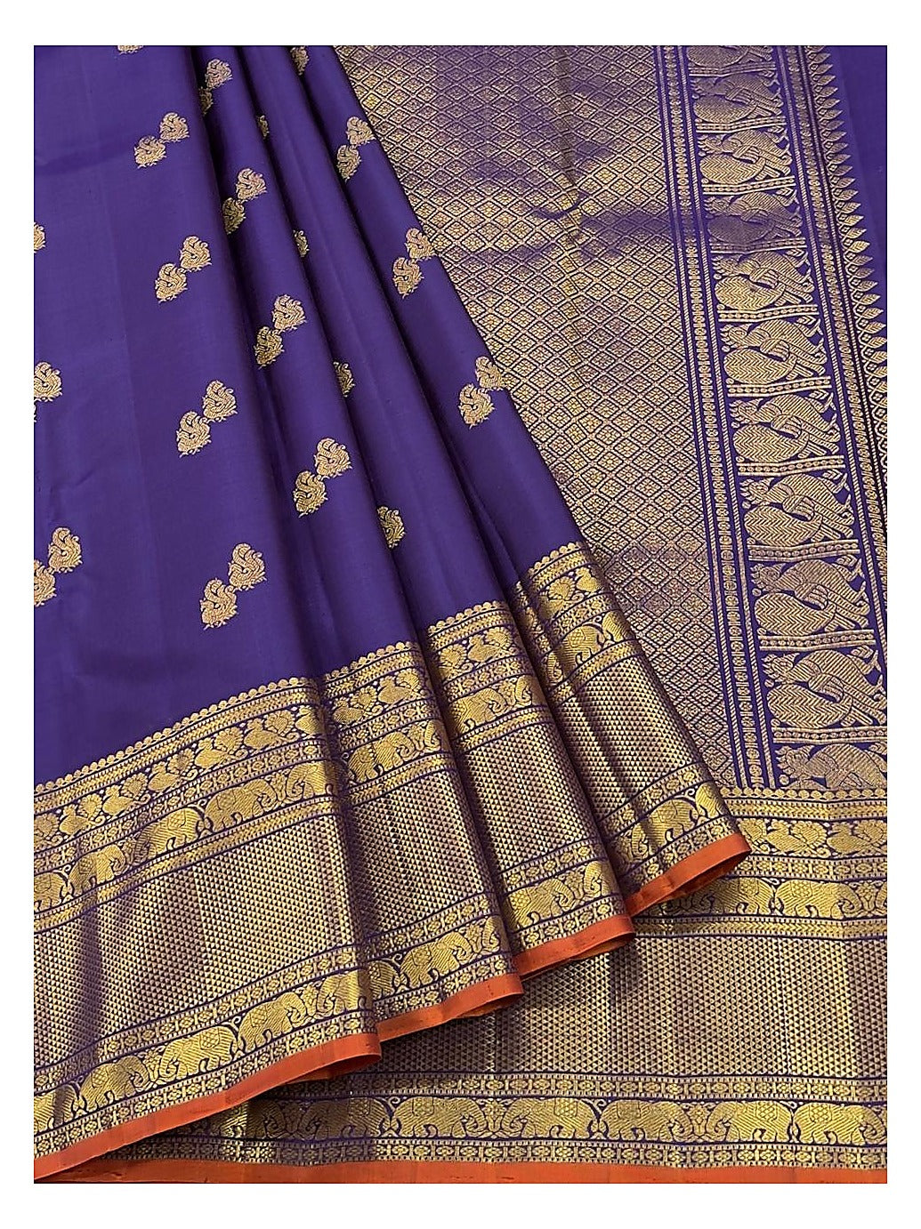 Handwoven Kanchipuram Silk Saree in Deep Purple with Elephant Border front view