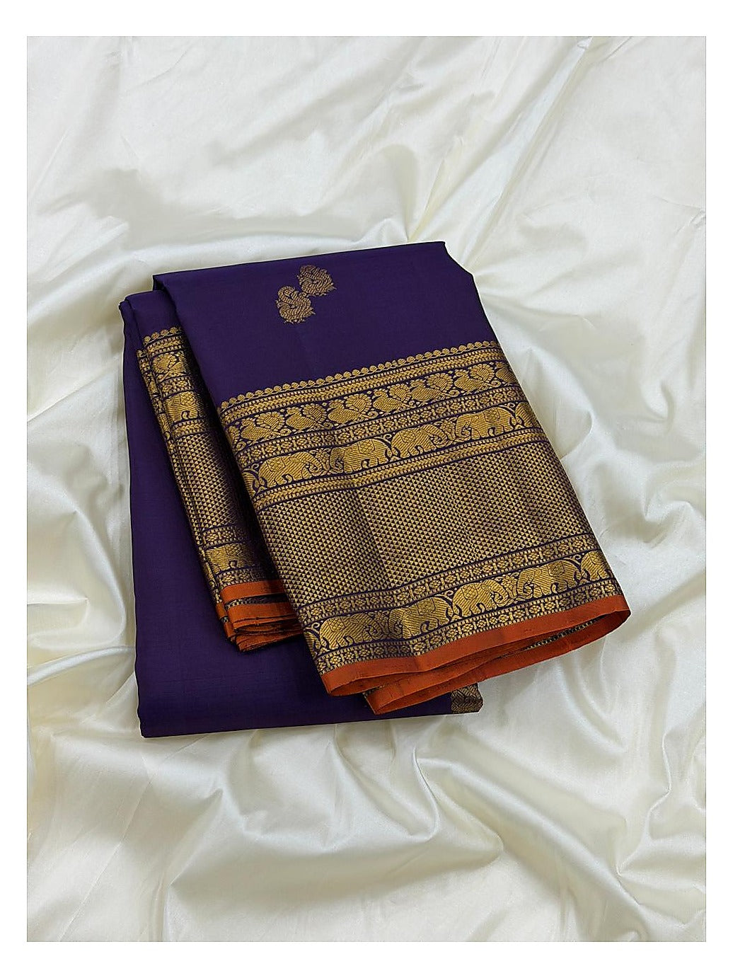 Handwoven Kanchipuram Silk Saree in Deep Purple with Elephant Zari Border front view