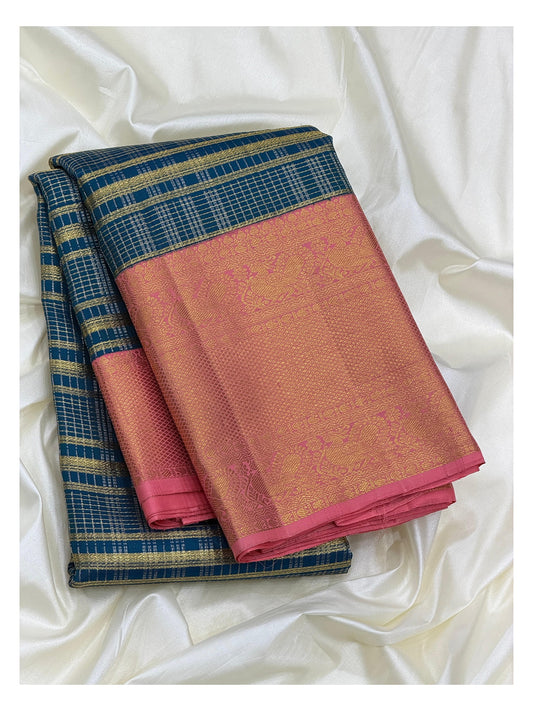 Handwoven Kanchipuram Silk Saree in Deep Teal with Rose Pink Zari Pallu front view