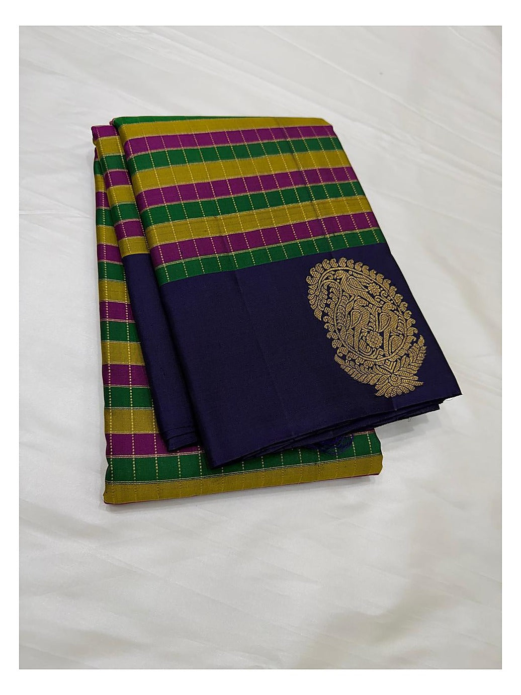 Handwoven Kanchipuram Silk Saree in Deep Violet with Multicolour Checks front view