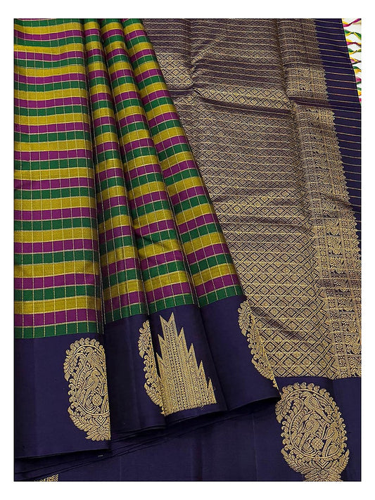 Handwoven Kanchipuram Silk Saree in Deep Violet with Multicolour Checks