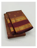 Handwoven Kanchipuram Silk Saree in Deep Wine with Gold Buttas and Ornate Woven Border front view