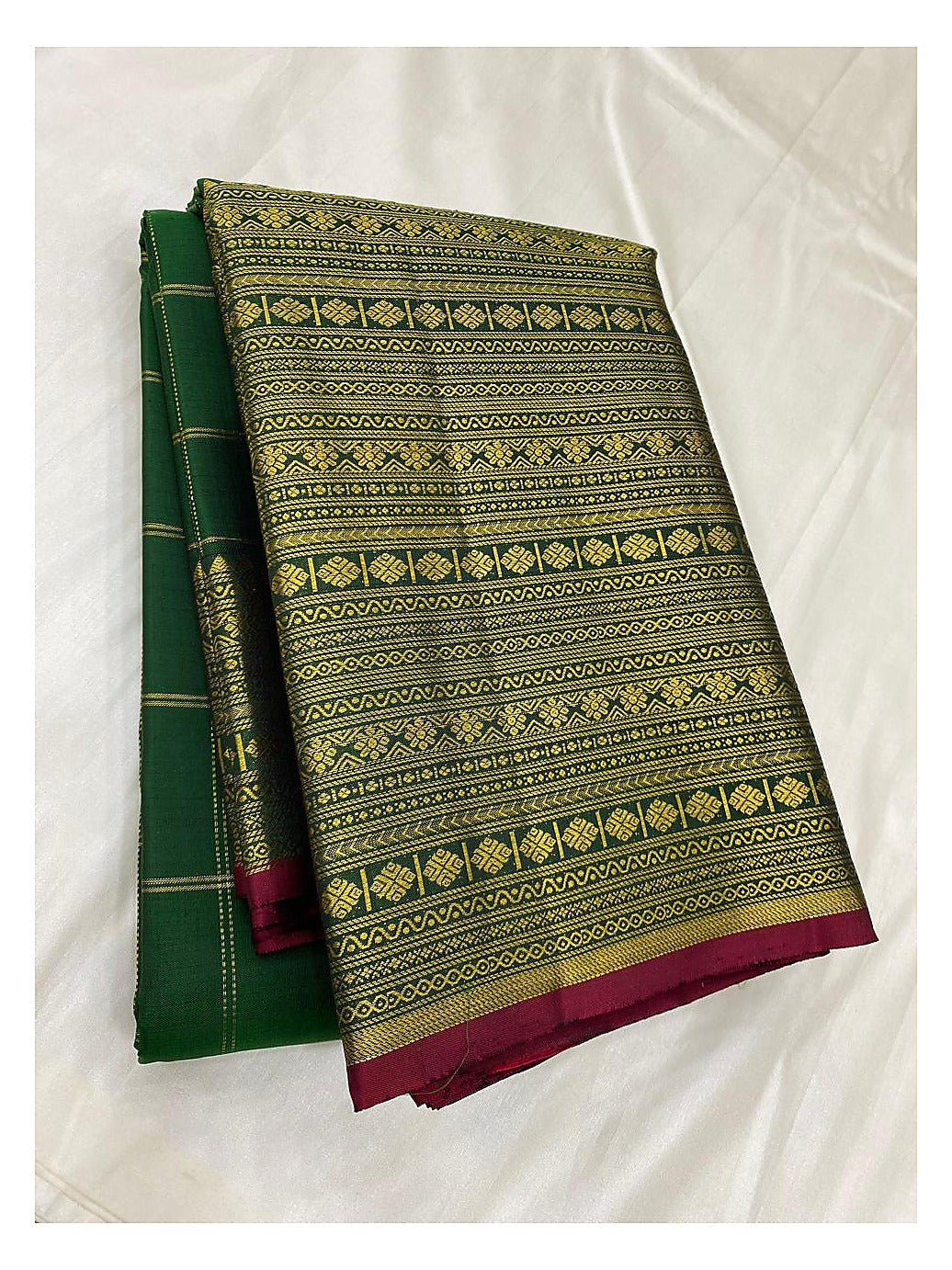 Handwoven Kanchipuram Silk Saree in Emerald Green with Gold-Toned Woven Border front view