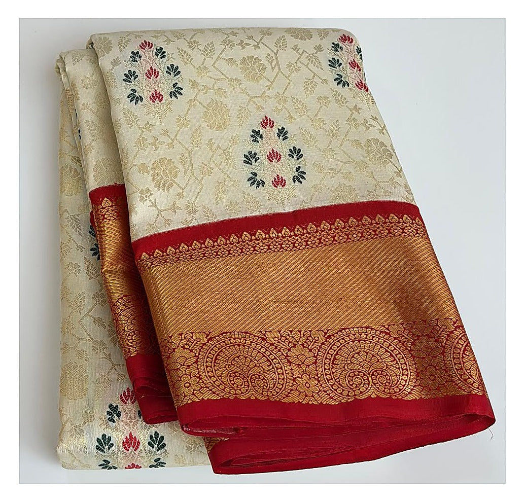 Handwoven Kanchipuram Silk Saree in Ivory and Red front view