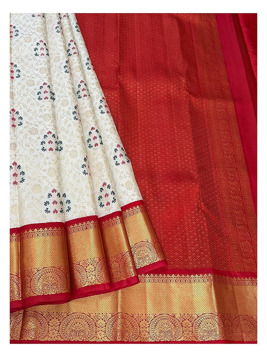 Handwoven Kanchipuram Silk Saree in Ivory and Red