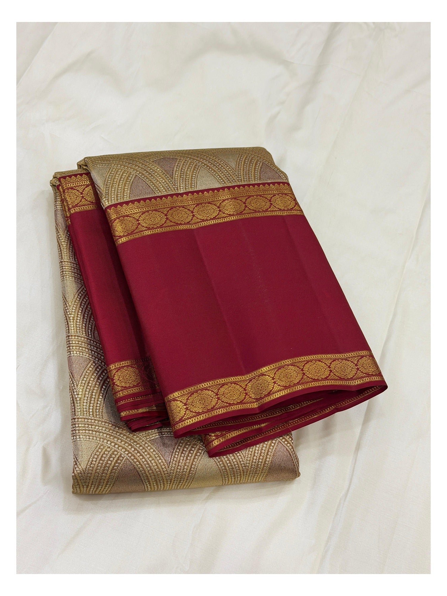 Handwoven Kanchipuram Silk Saree in Ivory Gold and Deep Maroon front view