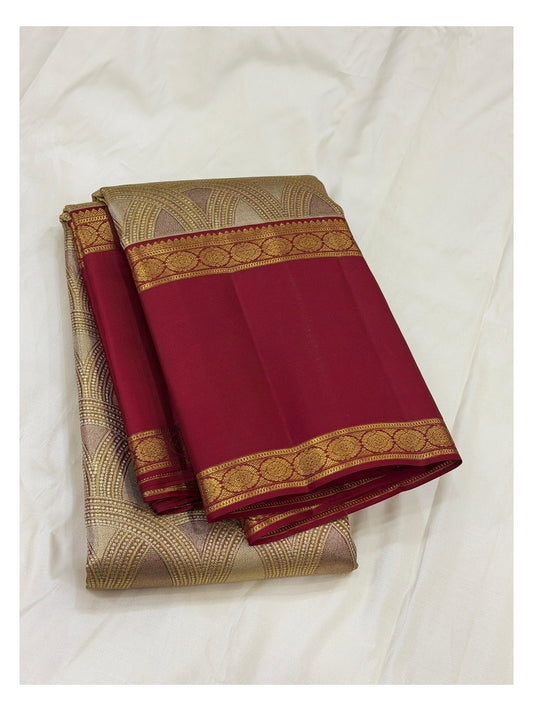 Handwoven Kanchipuram Silk Saree in Ivory Gold and Deep Maroon front view