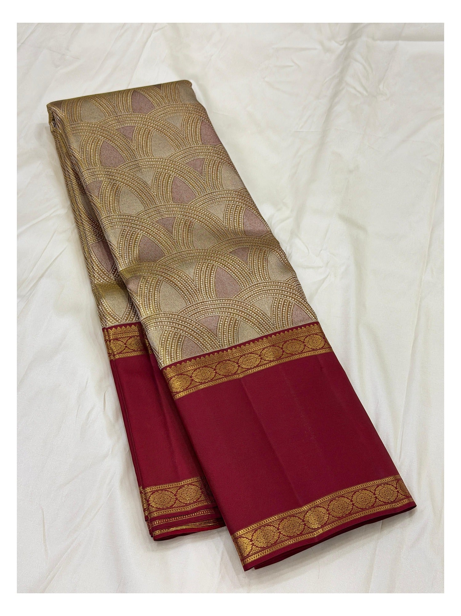 Handwoven Kanchipuram Silk Saree in Ivory Gold and Deep Maroon
