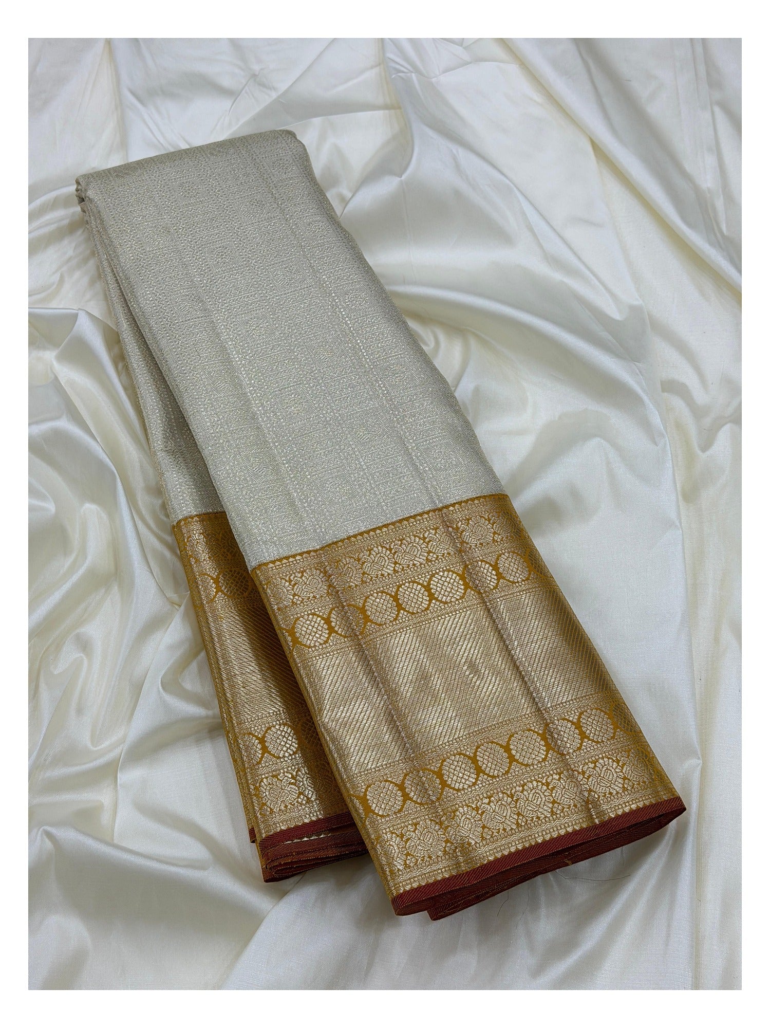 Handwoven Kanchipuram Silk Saree in Ivory with 2 Gram Gold Zari Border