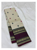 Handwoven Kanchipuram Silk Saree in Ivory with Black and Magenta Elephant Border