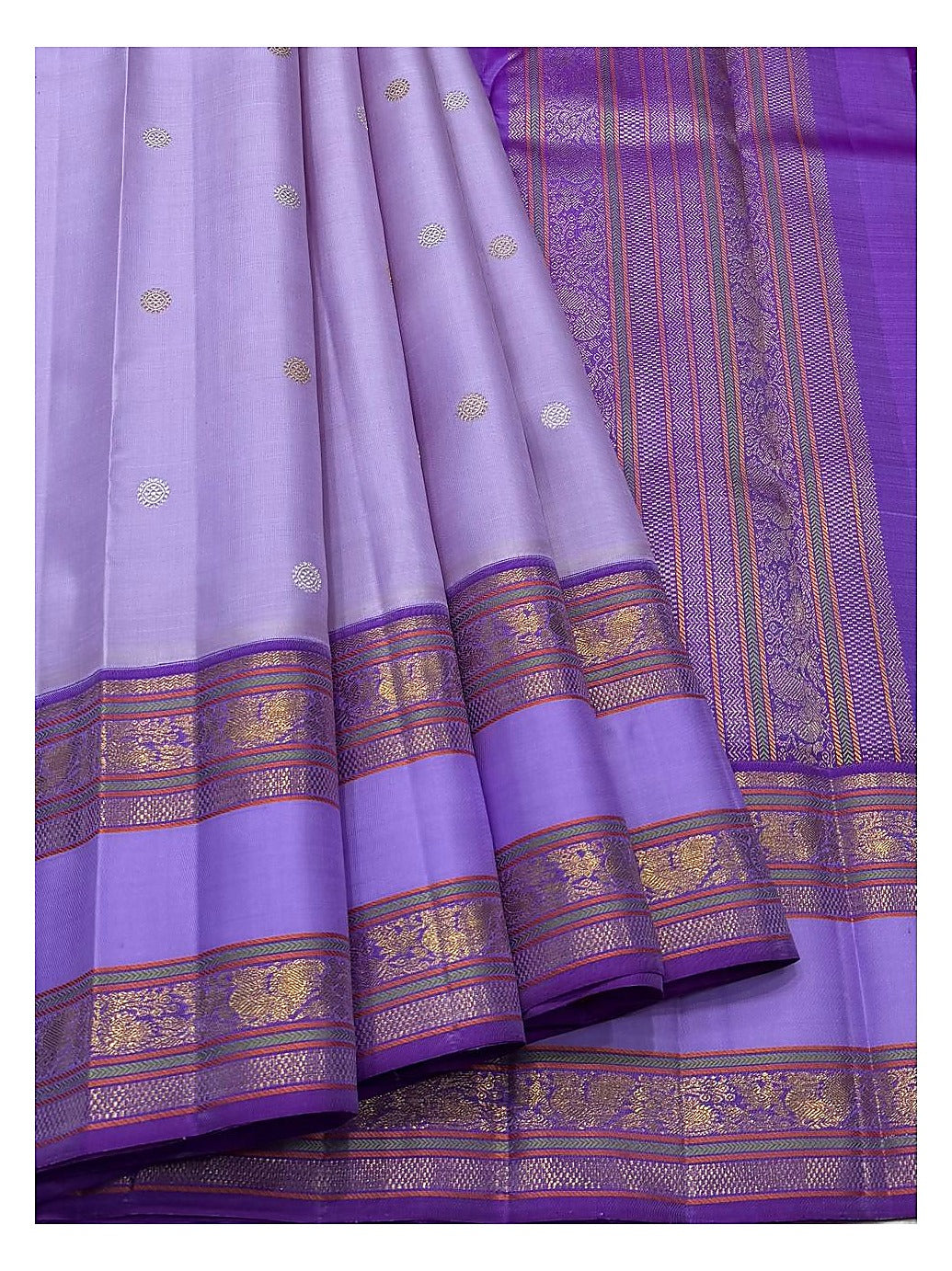 Handwoven Kanchipuram Silk Saree in Lavender with Deep Violet Pallu and Elephant Zari Border