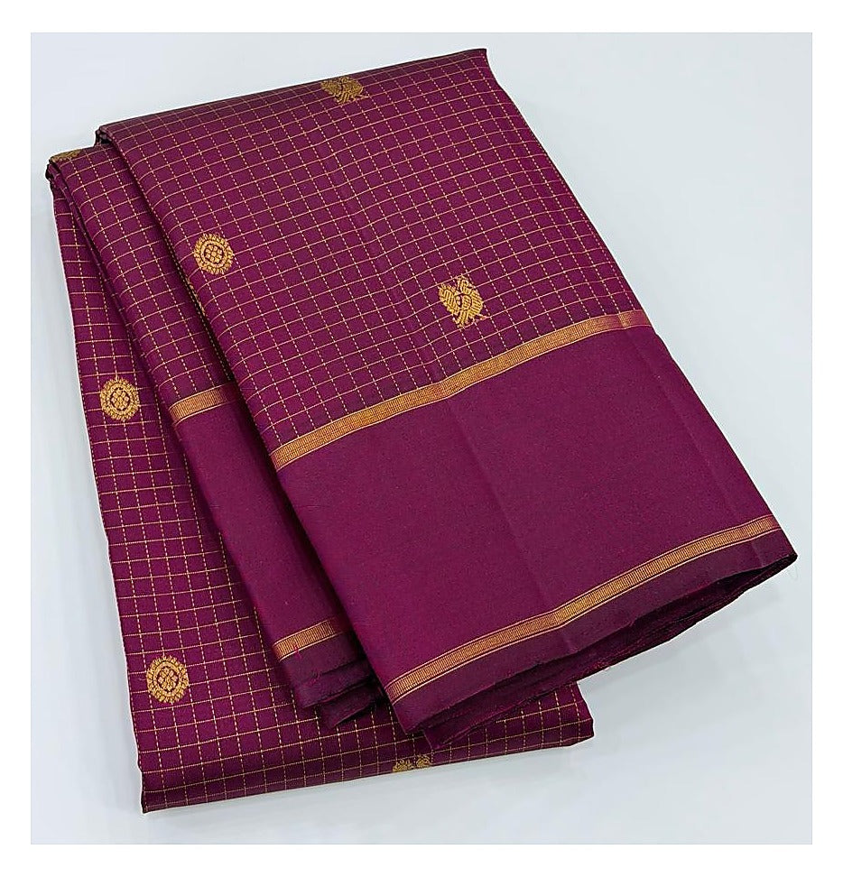 Handwoven Kanchipuram Silk Saree in Magenta with Gold Checks front view