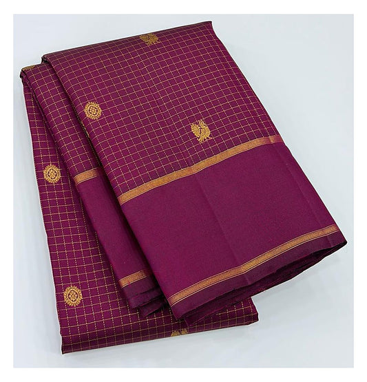 Handwoven Kanchipuram Silk Saree in Magenta with Gold Checks front view