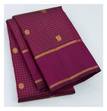 Handwoven Kanchipuram Silk Saree in Magenta with Gold Checks front view