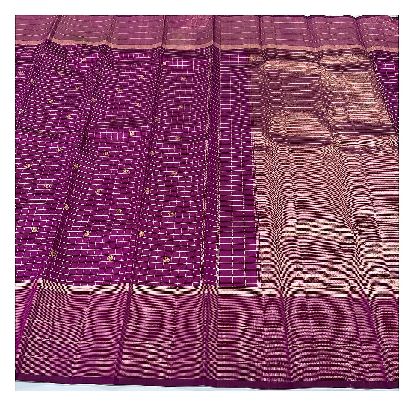 Handwoven Kanchipuram Silk Saree in Magenta with Gold Checks