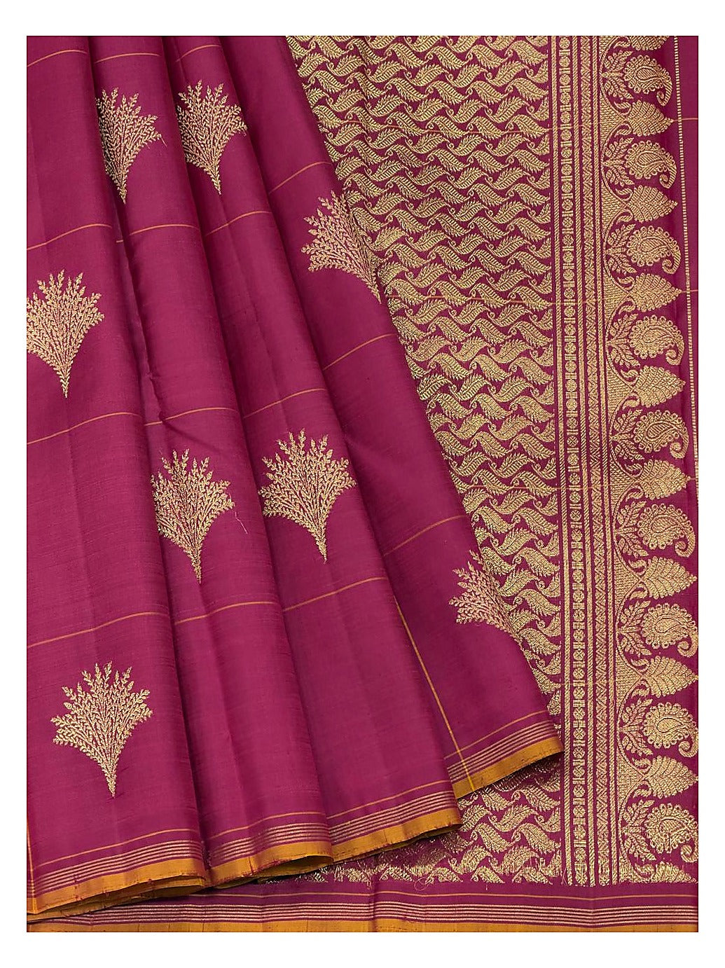 Handwoven Kanchipuram Silk Saree in Magenta with Gold Zari Border front view